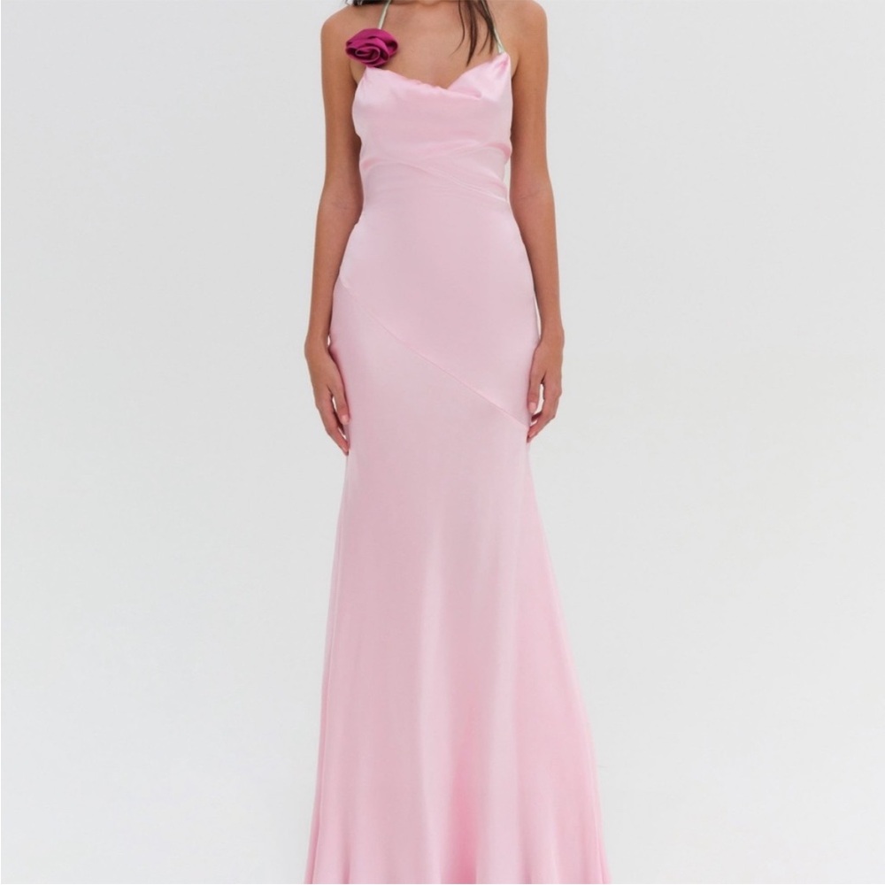 For Love And Lemons Pink Satin Maxi Dress with Fuchsia Strap Accent